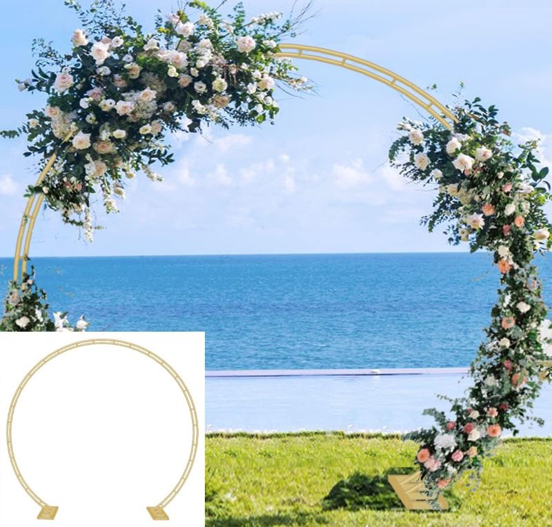 Photo 1 of (NON-REFUNDABLE) Extra Large Wedding Arch for Ceremony 8.5Ft Wide 7.4Ft High, Metal Balloon Arches Backdrop Stand with Base for Party Supplies, Outdoor Garden Trellis for Climbing Plant, Round Frame, Gold
