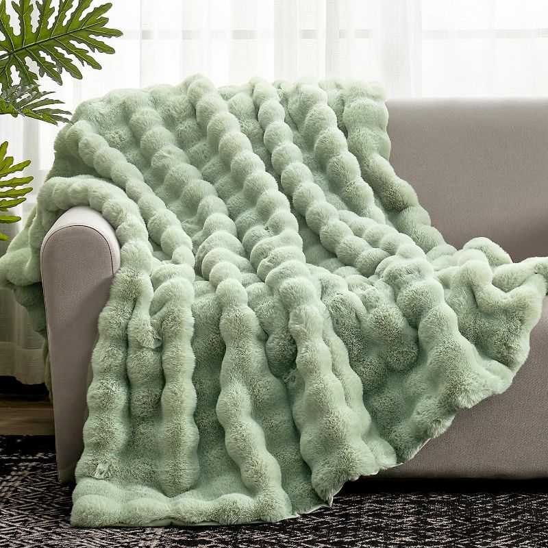 Photo 1 of Cozy Bliss Faux Fur Throw Blanket for Couch, Fuzzy Soft Plush Thick Bubble Blanket for Sofa Bedroom Living Room, 50 * 60 Inches Sage Green

