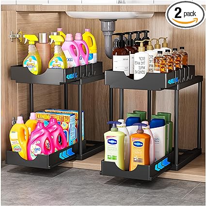 Photo 1 of 2 Pack Double Sliding Under Sink Organizers and Storage,Two Tier Bathroom Storage and organization,Under Cabinet Organizer with Hooks,Home Organization,Black
