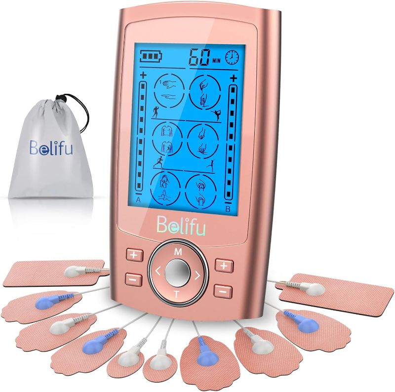 Photo 2 of Belifu Dual Channel TENS EMS Unit 24 Modes Muscle Stimulator for Pain Relief Therapy, Electronic Pulse Massager Muscle Massager with 10 Pads, Dust-Proof Drawstring Storage Bag