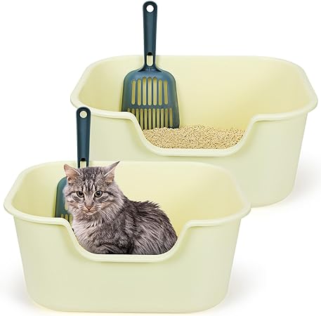 Photo 1 of 2 Pcs Cat Litter Box with High Side and Scoop 19.7 x 15.8 x 8.7 Indoor Open Top Low Entry Plastic Cat Litter Tray Pet Toilet for Small Big Cat
