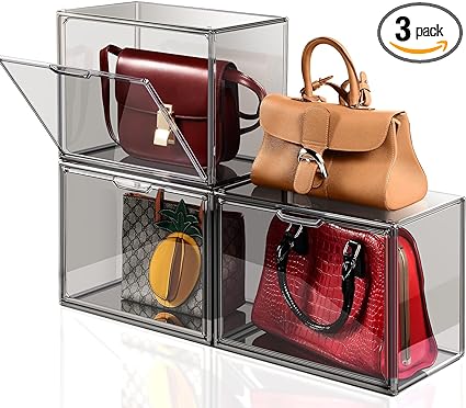 Photo 1 of 3Pack Purse Storage Organizer for Closet, Transparent Gray Acrylic Display Case for Handbag, Clear Plastic Stackable Storage Organizer for Book, Toys Display, Easy to Assemble
