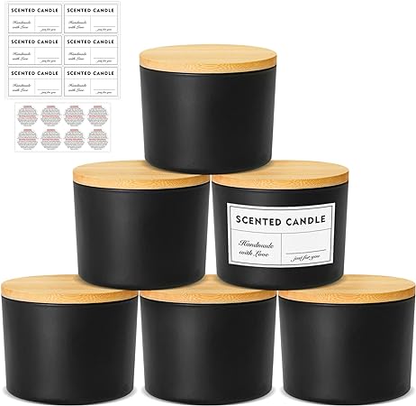 Photo 1 of 16oz Candle Jars 6 Pack, 3 Wick Matt Black Glass Empty Candle Jars with Bamboo Lids for Candle Making, Large Wide Mouth Candle Container Bulk for 12/13/14/15oz Candles, with Stickers and Label
