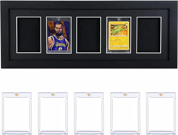 Photo 1 of 5 Grids Trading Cards Display Frame, Solid Wood Frame with 5PCS Magnetic Card Holder Wall Mount Or Table Stand Display for Football Basketball Collector Cards(Standard Cards, 5Grids)
