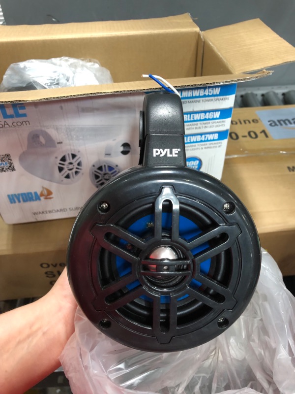 Photo 2 of Pyle Waterproof Marine Wakeboard Tower Speakers - 4 Inch Dual Subwoofer Speaker Set w/LED Lights & Bluetooth for Wireless Music Streaming - Boat Audio System w/Mounting Clamps PLMRLEWB47BB Black Bluetooth LED Speakers