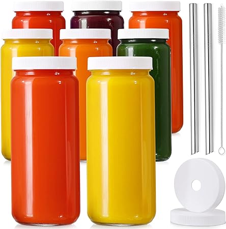 Photo 1 of [ 8 Pack ] Glass Juicing Bottles with 2 Straws & 2 Lids w Hole- 16 OZ Travel Drinking Jars, Water Cups with White Airtight Lids, Reusable Tall Mason Jar for Juice, Bubble Tea, Smoothie, Tea, Kombucha
