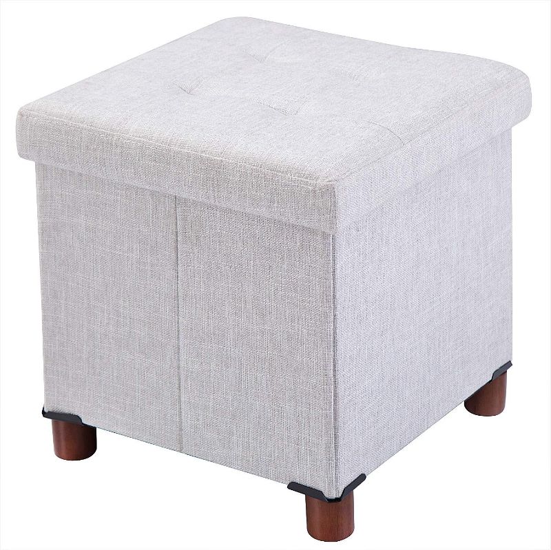 Photo 1 of 15 Inches Storage Ottoman with Wooden Legs Cube Foot Rest Stool, Square Footstool Storage, Ottoman with Storage for Living Room, Foldable Fabric Ottoman, Comfortable Seat with Lid, Space-Saving White
