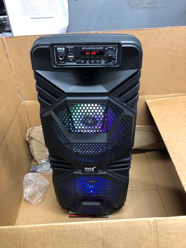 Photo 2 of Pyle Bluetooth PA Speaker System - 600W Rechargeable Outdoor Bluetooth Speaker Portable PA System w/ Dual 8” Subwoofer 1” Tweeter, Microphone In, Party Lights, USB, Radio, Remote - Pyle PPHP2836B Speaker System Speaker System