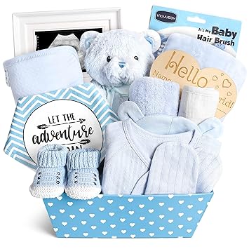 Photo 1 of Baby Boy Gifts, Baby Shower Gifts - Newborn Bear Toys Rattle Blanket Infant Shoes Onesie Wooden Keepsake Babies Registry Gift Essentials Basket, Unique New Baby Gift Set for Boys 0+ Months
