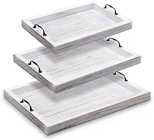 Photo 1 of 3 Pieces Rustic Wooden Serving Trays with Handles Farmhouse Food Serving Trays Vintage Wooden Food Trays Serving Platters Nesting Decorative Trays for Coffee Table Party Kitchen Decoration
