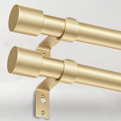 Photo 1 of 2 Pack Heavy Duty Curtain Rods for Windows 66 to 120 Inch, 1 Inch Gold Curtain Rods Set of 2 Pack for Outdoor, Farmhouse, Bedroom, Adjustable Easy Install Curtain Rods (A2,Gold,30"-120"-2Pack)
