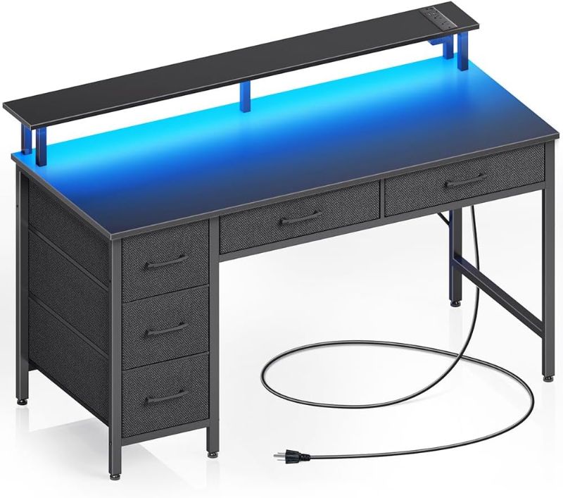 Photo 1 of Seventable Computer Desk with Power Outlets & LED Light, 47 inch Home Office Desk with 5 Drawers, Writing Desk with Monitor Stand, Work Desk for Home Office, Black