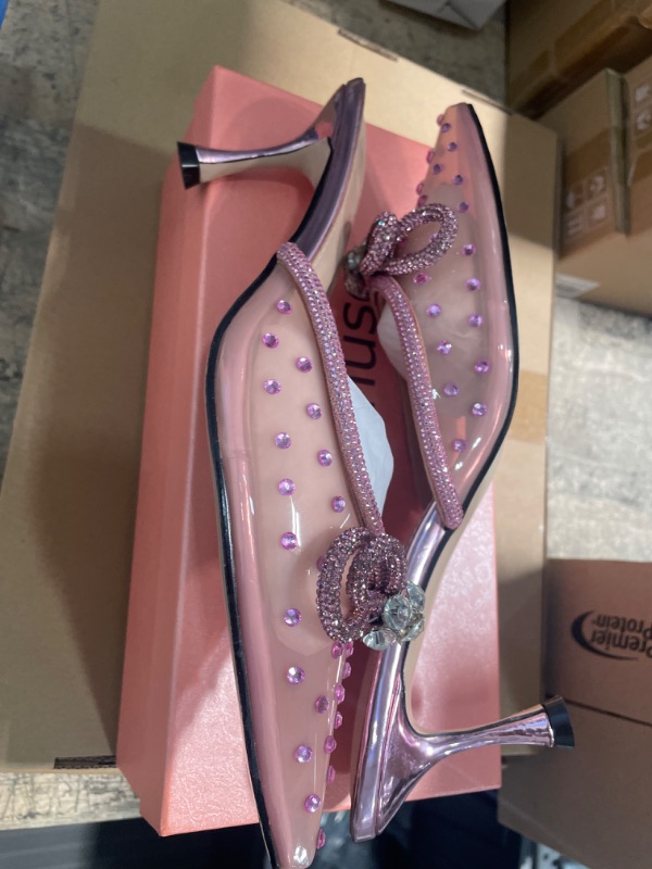 Photo 1 of Adrizzlein Woman Heeled Mules with Bow Rhinestone Pointed Heeled Transparent Clear PVC Sandals Fashion Crystal Party Shoes Wedding Bridal Shoes 8.5