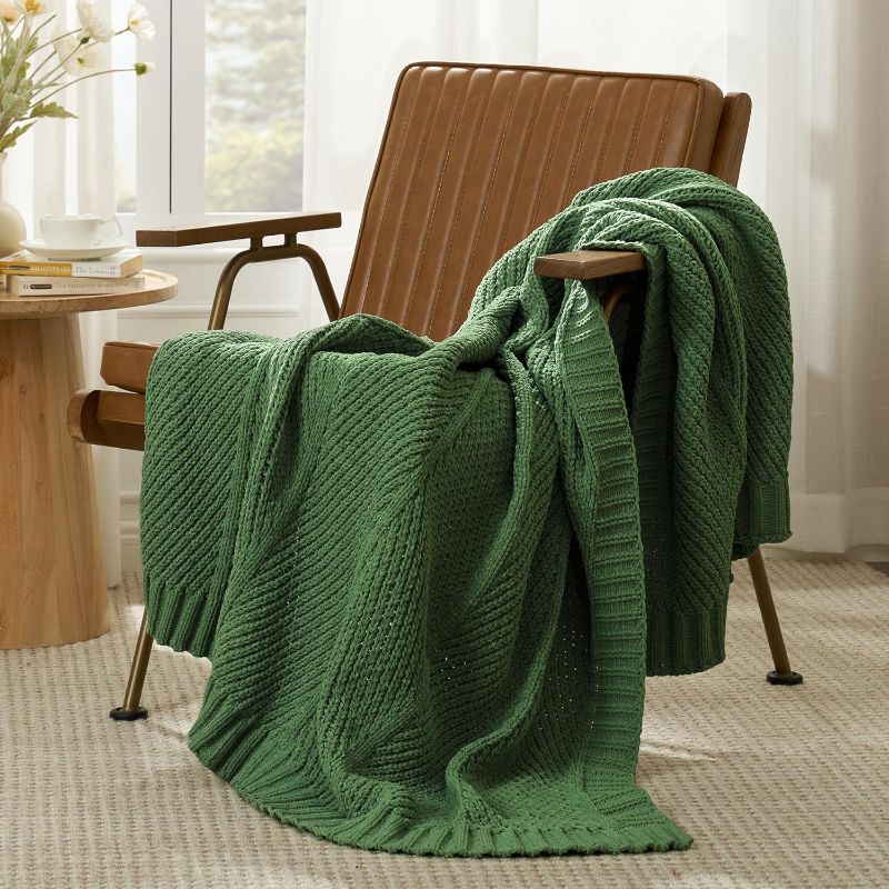 Photo 1 of Amélie Home Cable Knit Throw Blanket, Chenille Knitted Chunky Throw Non-Shedding Chevron Texture, Decorative Farmhouse Cozy Blanket for Home Couch Sofa Chair Bed, Green, 60"x 80"
