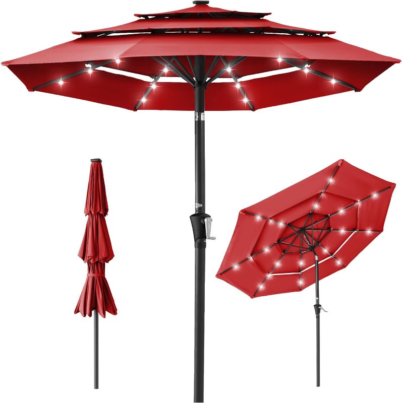 Photo 1 of (READ FULL POST) JEAREY 9FT 3 Tiers Patio Umbrella Outdoor Market Umbrella Table Umbrellas Sunbrella with Push Button Tilt and UV Protection Outside Garden Pool Umbrella,Beige 9FT Beige