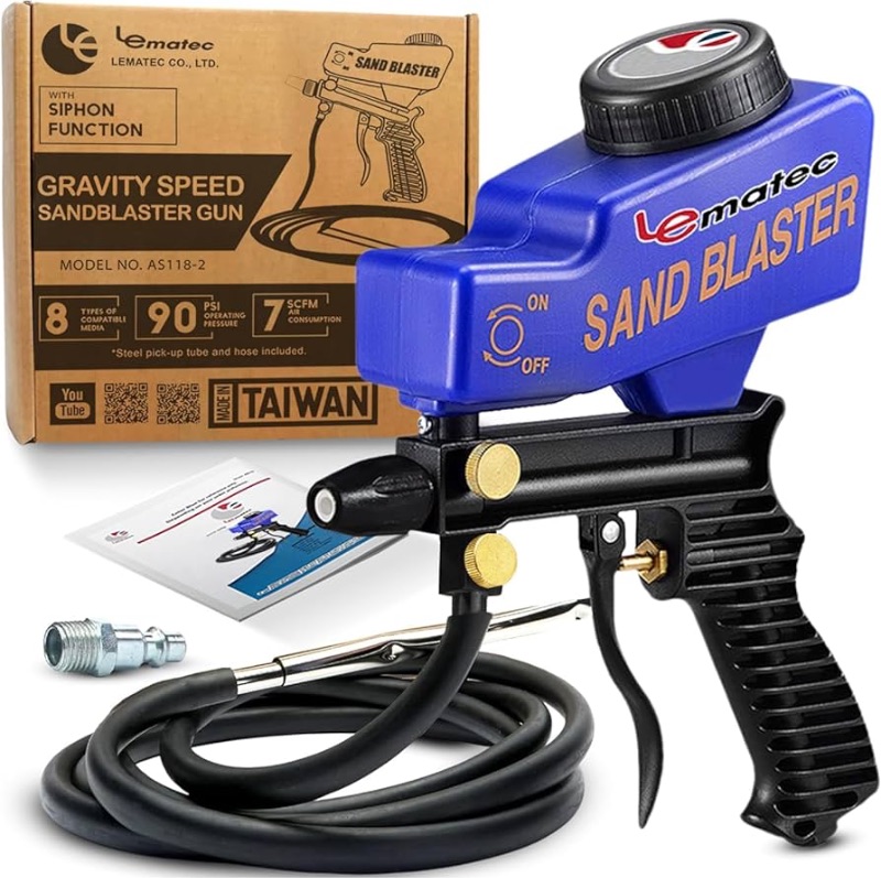 Photo 1 of LE LEMATEC Sand Blaster Gun Kit for Air Compressor, Paint/Rust Remover for Metal, Wood, Cabinet & Glass Etching, 150 PSI Continuous Blasting Media for Aluminum, Sand, and Soda Blaster Jobs, Portable.