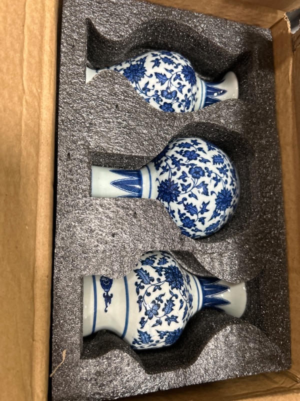 Photo 2 of 3 Pack Small Blue and White Porcelain Vases, 5.5 Inch Tall Mini Vintage Vases, Classic Decorative Bud Vases, Chinoiserie Ceramic Vases for Home Decor, Office, Party Decoration and Events