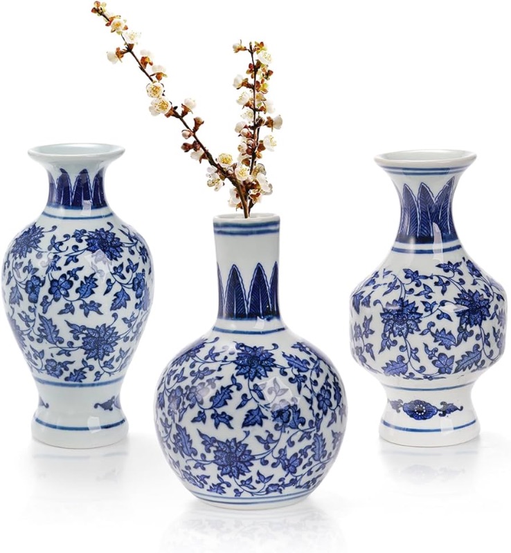 Photo 1 of 3 Pack Small Blue and White Porcelain Vases, 5.5 Inch Tall Mini Vintage Vases, Classic Decorative Bud Vases, Chinoiserie Ceramic Vases for Home Decor, Office, Party Decoration and Events