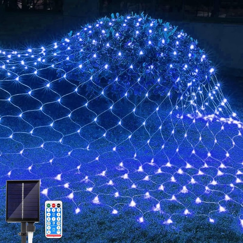 Photo 1 of JIMACRO Solar Powered Net Lights Outdoor, 1.5 M x 1.5 M/4.9FT*4.9FT 96LEDs Mesh Fairy Lights with 8 Modes, Remote Control, Waterproof Copper Wire Bush Fairy Lights for Xmas Tree Lawn Garden Décor