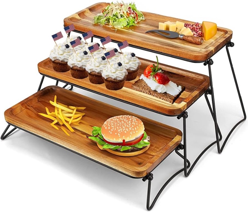 Photo 1 of Eco-Friendly Cupcake Stand Cheese Charcuterie Boards Food Platter Serving Tray Acacia Wooden Tower Dessert Table Display Set 3 Tiered Decor Small Rustic Wood Platter Trays Family Parties