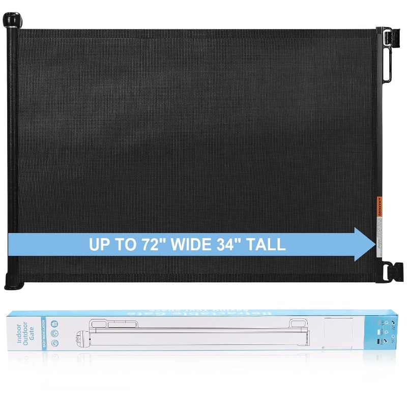Photo 1 of Retractable Baby Gate, PRObebi Retractable Dog Gate for Babies and Pets 34" Tall Extends to 72" Wide, Retractable Mesh Gate for Doorways, Stairs, Hallways, Indoor/Outdoor (Black)
