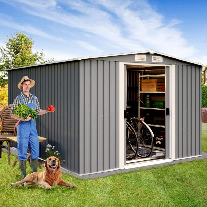 Photo 1 of **PARTIAL SET // ONLY BOX 2/3 // SEE NOTES** 10x8 FT Outdoor Storage Shed, Galvanized Steel Metal Garden Shed with Double Sliding Lockable Door, Floor Frame, Vents, Waterproof Tool Shed for Backyard, Lawn, Patio, Teak