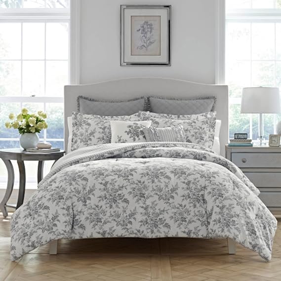 Photo 1 of Laura Ashley Home - Queen Comforter Set, Reversible Cotton Bedding, Includes Matching Shams with Bonus Euro Shams & Throw Pillows