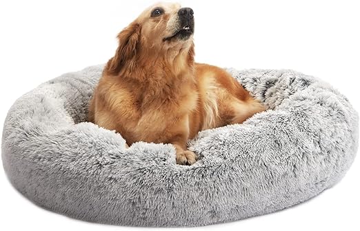 Photo 1 of Calming Donut Dog Bed, 36 Inches Round Fluffy Dog Beds for Large Dogs, Anti-Anxiety Plush Dog Bed, Machine Washable Pet Bed (Light Grey, Large)
