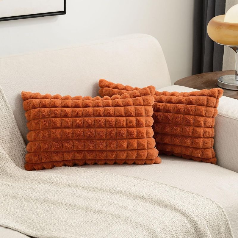 Photo 1 of 12x20 Throw Pillow Covers Set of 2, Decorative Faux Fur Covers for Bed, Couch Soft Fluffy Pillow Cover with Velvet Back for Living Room, Neutral Home Décor Accent for Sofa - Burnt Orange