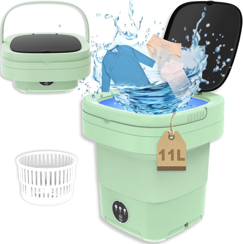 Photo 1 of Portable Washing Machine, 11L Mini Foldable Washer with Dryer for Baby Clothes, Small Washing Machine with Laundry for Towel, Underwears, Baby Clothes, Socks, Pet Garments, Small Items (Green)