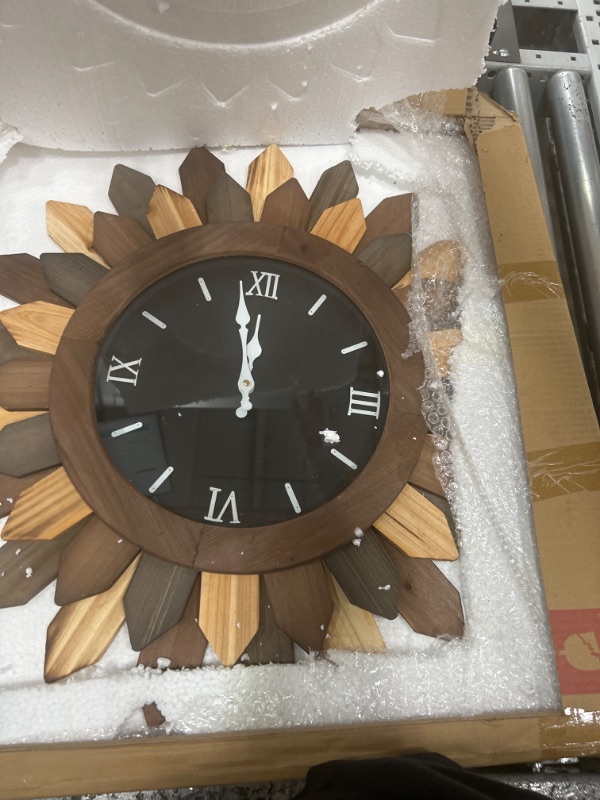 Photo 1 of 24'' Large Wall Clock for Living Room Deco Boho Sunburst Decorative Big Oversized Silent Battery Operated Farmhouse Wood Wall Clock for Office Home Dinning Room Bedroom Kitchen, Black