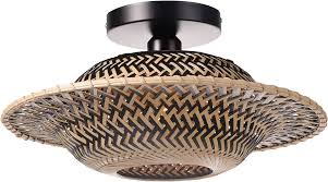 Photo 1 of Arturesthome Black Bamboo Flush Mount Light Fixture, Boho Semi Ceiling Lamp, Wicker Drum Rustic Farmhouse Chandelier for Kitchen Island Sink Dining Room Bedroom
