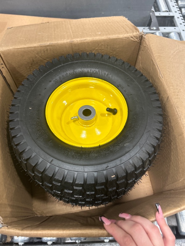 Photo 2 of (2 Pack) AR-PRO Exact Replacement 15" x 6.00-6" Front Tire and Wheel Assemblies for John Deere Riding Mowers - Compatible with John Deere 100 and D100 Series - 3” Centered Hub and 3/4” Bushings 15 x 6.00-6" Yellow