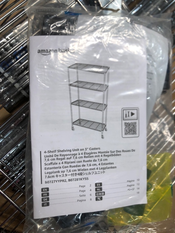 Photo 3 of ***USED - LIKELY MISSING PARTS - UNABLE TO VERIFY FUNCTIONALITY***
Amazon Basics 4-Shelf Adjustable, Heavy Duty Storage Shelving Unit on 3'' Wheel Casters, Metal Organizer Wire Rack, 36" L x 14" W x 57.8" H, Chrome 4-Shelf With Wheels Chrome