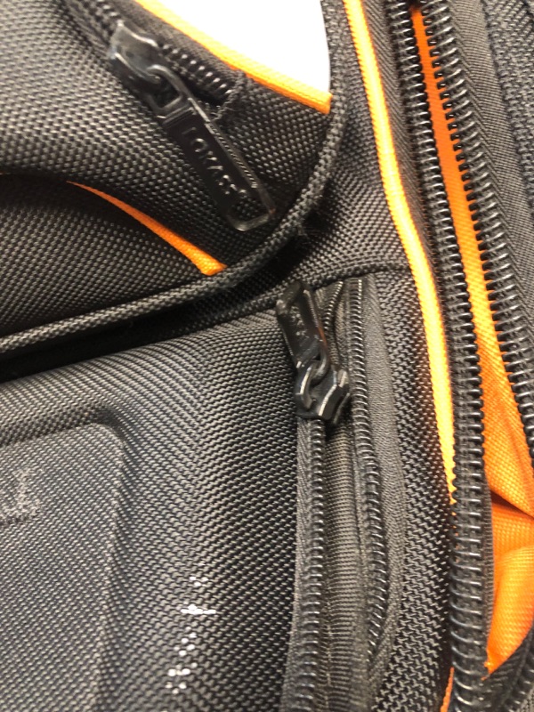 Photo 4 of ***DAMAGED - ONE OF THE ZIPPERS IS BROKEN - SEE PICTURES - USED AND DIRTY***
Tool Bag Backpack, 75 Pockets & Loops Heavy Duty Tools Organizer Bags/HVAC Tool Carrier for Eelectrician/Construction Work with Molded Base and Combination Lock, Large, Black and