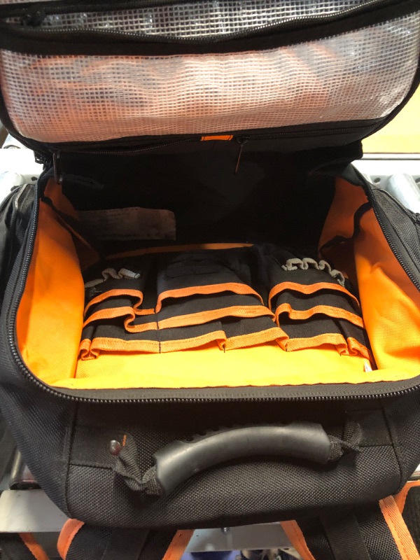 Photo 3 of ***DAMAGED - ONE OF THE ZIPPERS IS BROKEN - SEE PICTURES - USED AND DIRTY***
Tool Bag Backpack, 75 Pockets & Loops Heavy Duty Tools Organizer Bags/HVAC Tool Carrier for Eelectrician/Construction Work with Molded Base and Combination Lock, Large, Black and