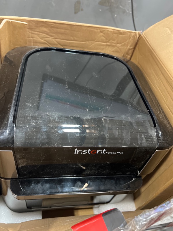 Photo 2 of ***USED - MAJOR DAMAGE - DOESN'T POWER ON - SEE COMMENTS***
Instant Pot 10QT Air Fryer, 7-in-1 Functions with EvenCrisp Technology that Crisps, Broils, Bakes, Roasts, Dehydrates, Reheats & Rotisseries, Includes over 100 In-App Recipes, Stainless Steel Sil