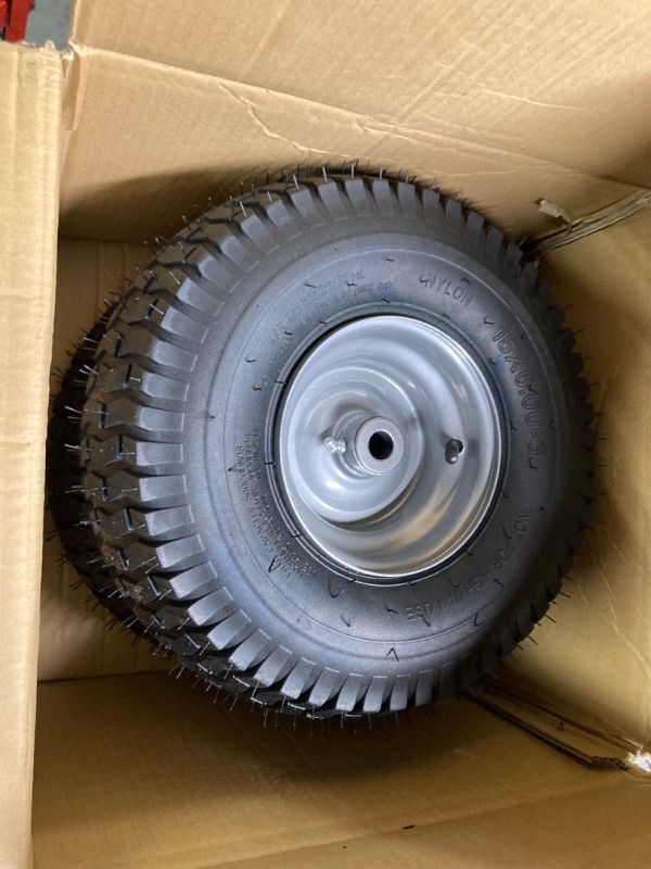 Photo 1 of 2-Pack) 16x6.50-8 Tire and Wheel Flat Free - Solid Rubber Riding Lawn Mower Tires and Wheels - With 3" Offset Hub and 3/4" Bushings - 16x6.5-8 Tractor Turf Tire Turf-Friendly 3mm Treads