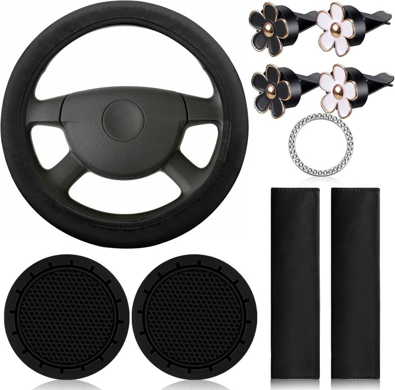 Photo 1 of 10 Pcs Leather Steering Wheel Cover for Women Cute Car Accessories Set with Seat Belt Shoulder Pads Seatbelt Covers Cup Holders Bling Start Button Ring Sticker Air Vent Clip Car Accessories (Black)