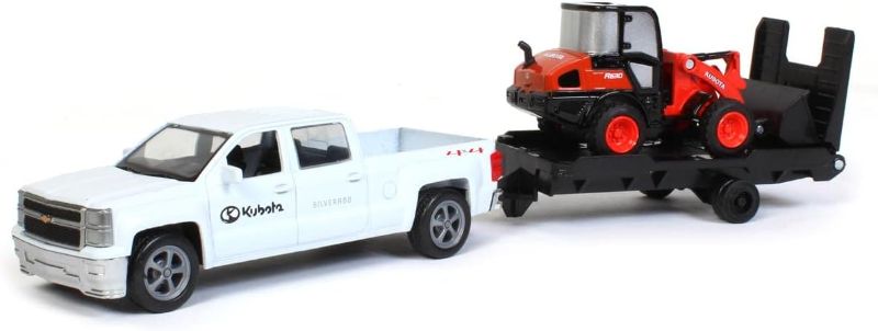 Photo 1 of New Ray Toys New 10" NEWRAY KUBOTA Collection - Kubota M5-111 Tractor with Ford F-250 Super Duty Pickup & Trailer (Orange, Black) Model