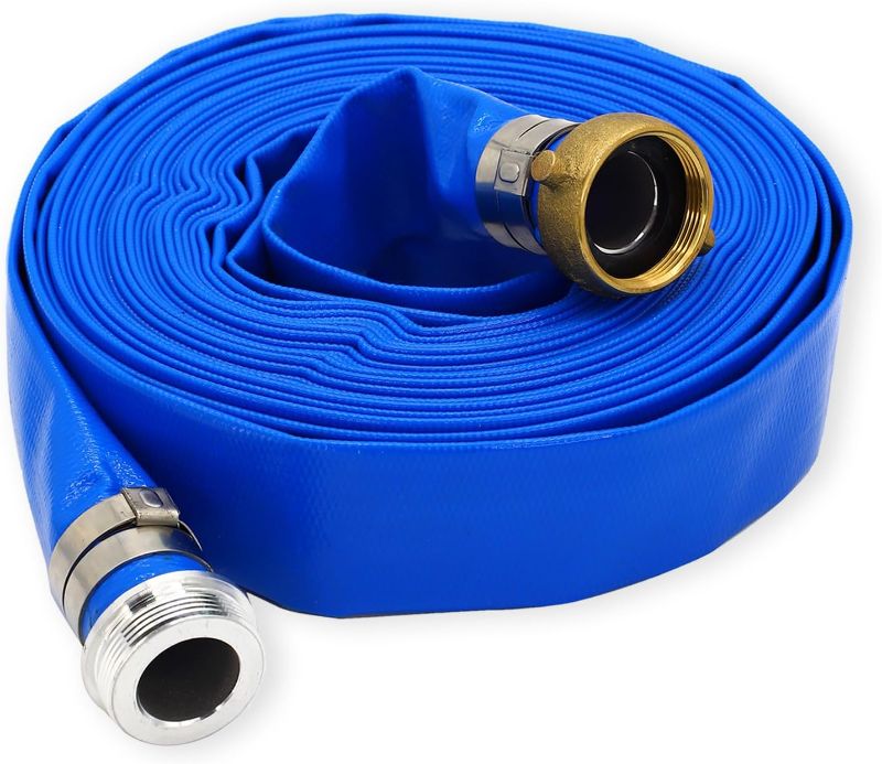 Photo 1 of 1.25" ID x 25 ft PVC Lay Flat Discharge Hose with Aluminum Pin Lug Fittings, Heavy Duty Reinforced Blue Backwash Pump Hoses for Swimming Drain Pools and Clean Filters