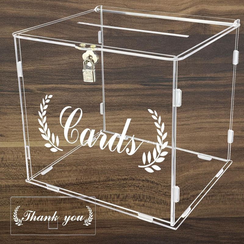 Photo 1 of Acrylic Wedding Card Box with Lock, Clear Card Boxes for Wedding Reception with Ear of Wheat Sign for Honey Moon Fund Wedding Decor, Baby Showers, Birthdays, Bridal, Graduation Party Supplies
