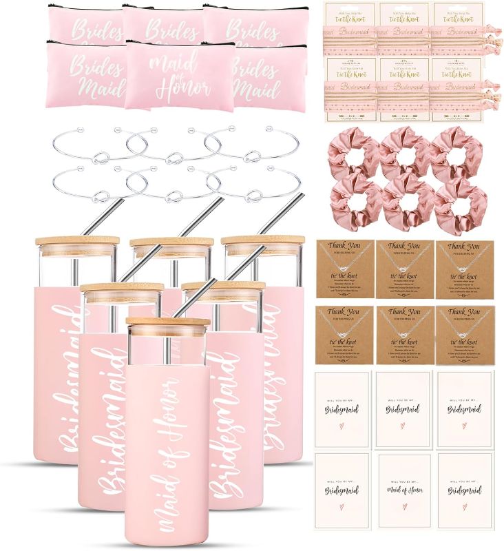 Photo 1 of 42 PCS Bridesmaid Proposal Gifts Set, Maid of Honor Gifts Set From Bride, Bridal Shower Gift include 20 oz Iced Coffee Tumbler with Bamboo Lids and Straws for Bachelorette Party.(Pink)