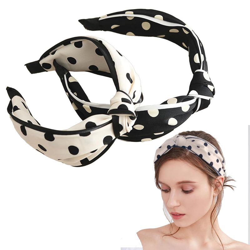 Photo 1 of 2PCs Women Wide Knotted Polka Dot Headbands,Fashion Rabbit Ear Hair Band Hair Hoop for Women Girl Vintage Headwrap Hair Accessories - Bow Black + Beige