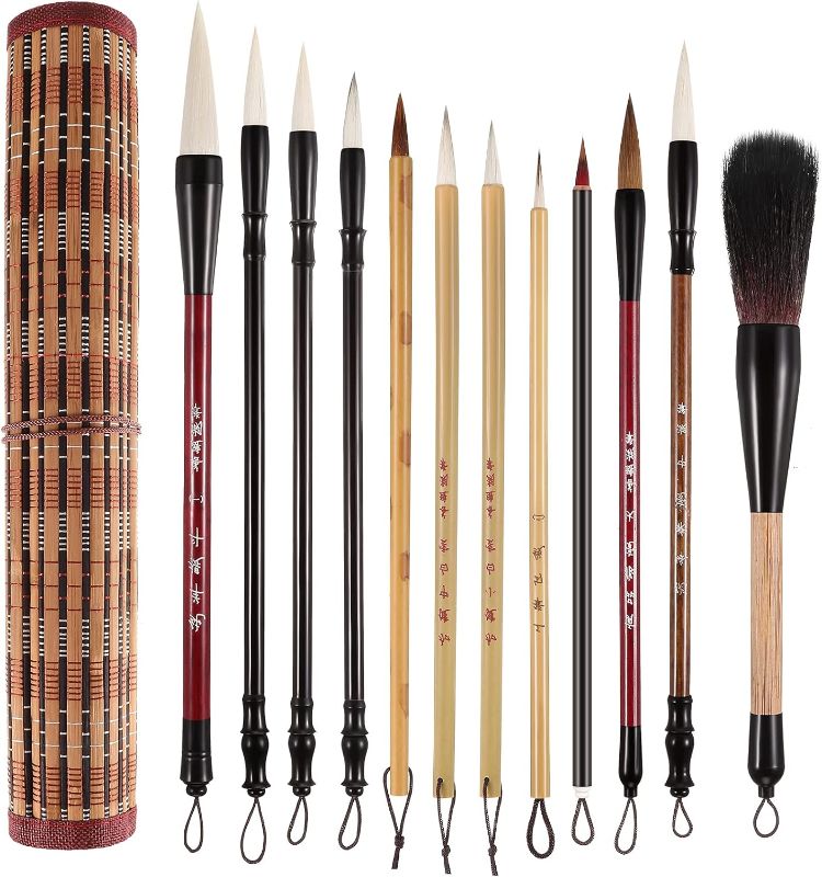 Photo 1 of 12 Pieces Chinese Calligraphy Brushes Painting Writing Brushes Watercolor Brushes Set Kanji Japanese Sumi Painting Drawing Brushes Kanji Art Brushes with Roll-up Brush Holder
