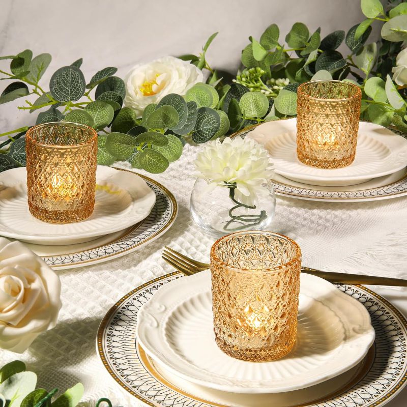 Photo 1 of  Gold Glass Tealight Candle Holder, Votive Candle Holders for Home Table Centerpiece, Wedding Decor/Gift/Party/Holiday/Couple Dating, Christmas Decorations