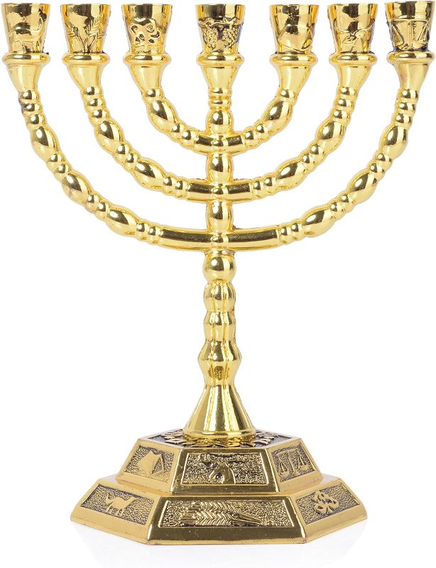 Photo 1 of 12 Tribes of Israel Menorah, Jerusalem Temple 7 Branch Jewish Candle Holder (8 Inches, Gold)
