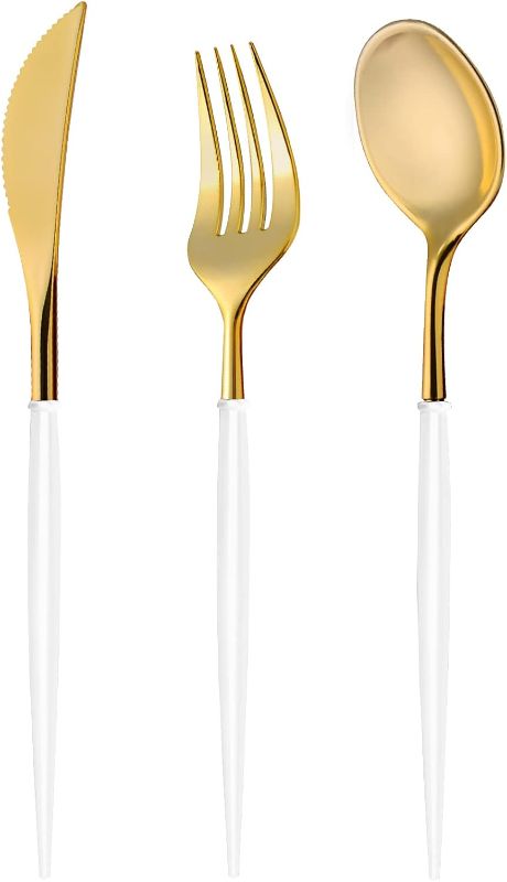 Photo 1 of 120Pcs Disposable Gold Plastic Cutlery, Gold Plastic Silverware with White Handle, Durable Plastic Cutlery Dinnerware, Plastic Utensils for Party (White Handle, 120)
