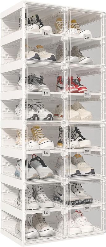 Photo 1 of Foldable Shoe Rack,Shoe Organizers for Closet Plastic Shoe Storage Box Space Saving for Entryway, Large Sturdy Stackable Sneaker Cabinet Bins with Magnetic Clear Door 8 Tiers 16 Pairs
