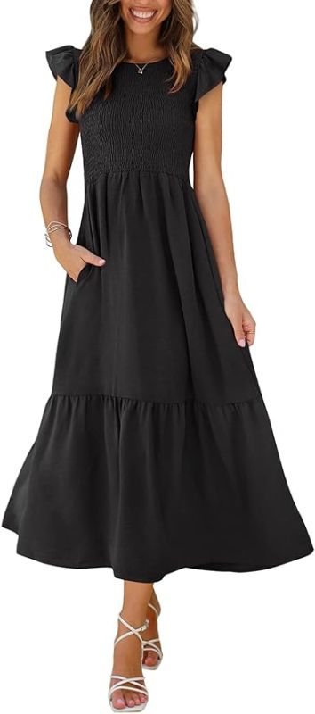 Photo 1 of OFEEFAN Women's Casual Maxi Dresses with Pockets Ruffle Sleeve Smocked Dress XS-2XL  XXL SIZE
